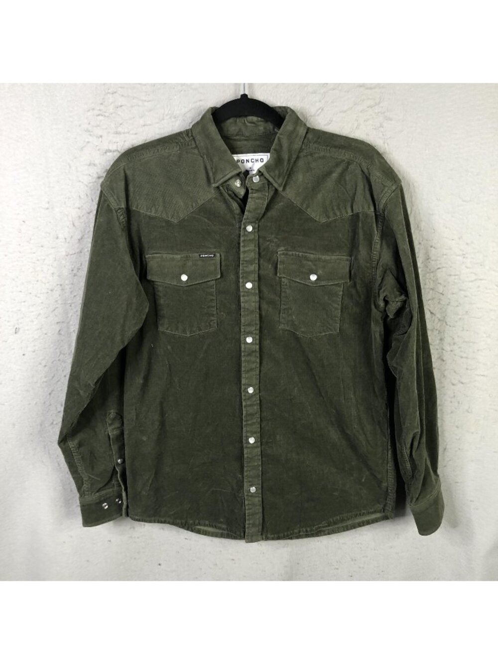 Poncho Shirt Mens Medium Green Corduroy Western Snap Long Sleeve Stretch Casual